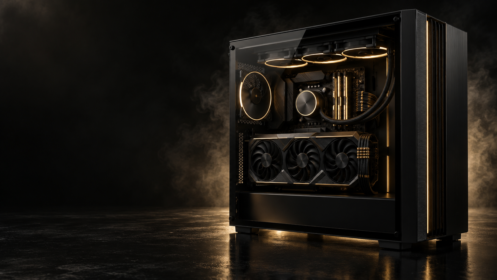 Black custom gaming PC with restrained gold lighting